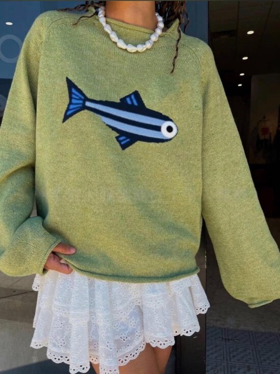 Rosa Clothing Sweaters - NWT Olive Green Fish Sweater with blue/white fish graphic